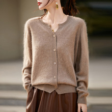 专柜轻奢~无缝100纯羊毛开衫女圆领宽松慵懒拉毛针织毛衣外套上衣