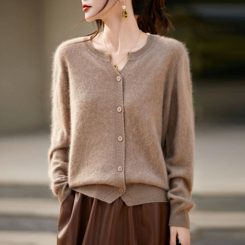 专柜轻奢~无缝100纯羊毛开衫女圆领宽松慵懒拉毛针织毛衣外套上衣