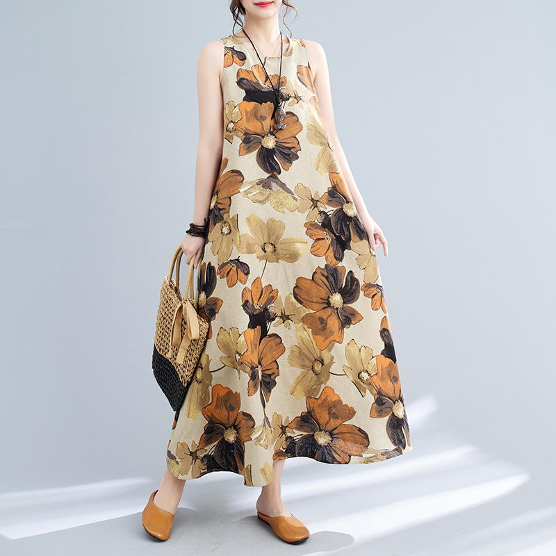 Vestido midi estampado sem mangas com gola redonda, estilo boêmio, plus size, para o verão de 2024._voghion.com