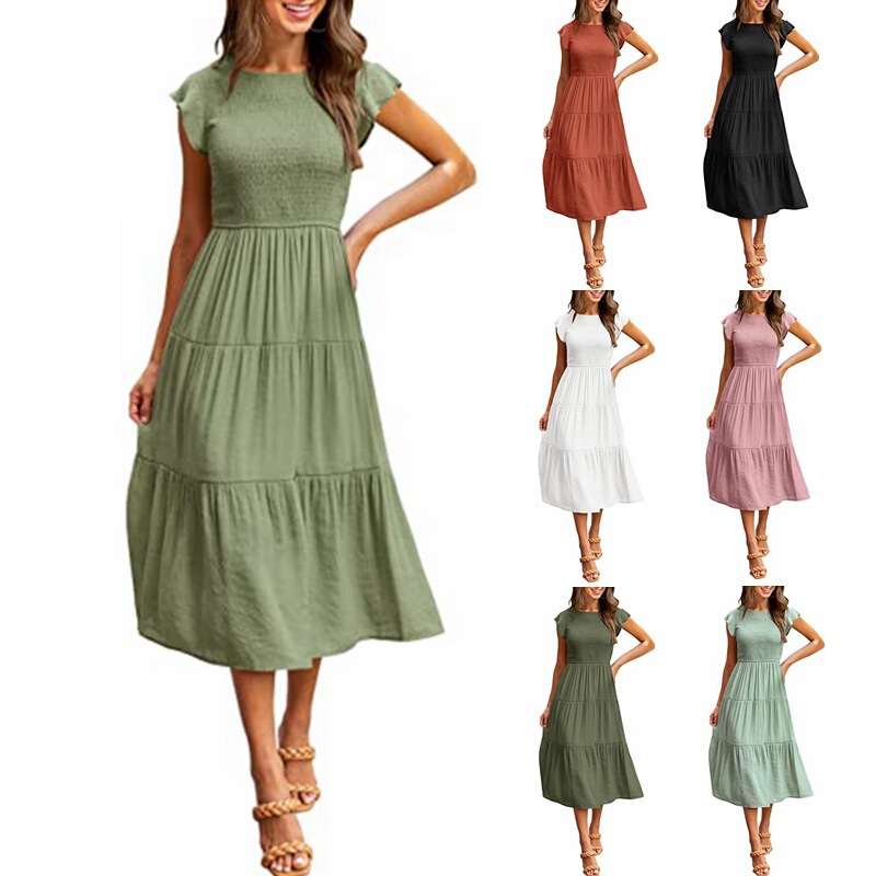 2023 Europe and America Amazon Foreign Trade Summer Women's Bohemian Flying Sleeve Mid-length Dress Layered Large Swing Dress
