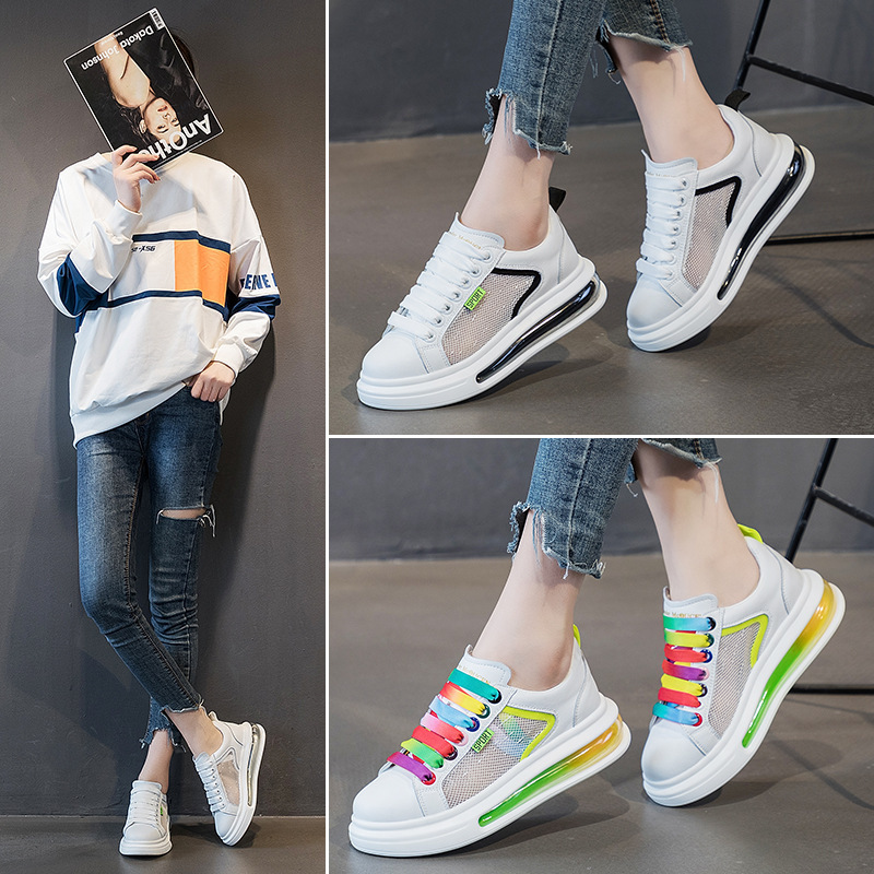 Thick-Soled Air-Cushioned White Sneakers for Women, Genuine Leather, 2026 Spring/Summer New Style, Breathable Mesh, Height-Increasing, Versatile Sports Casual Sneakers