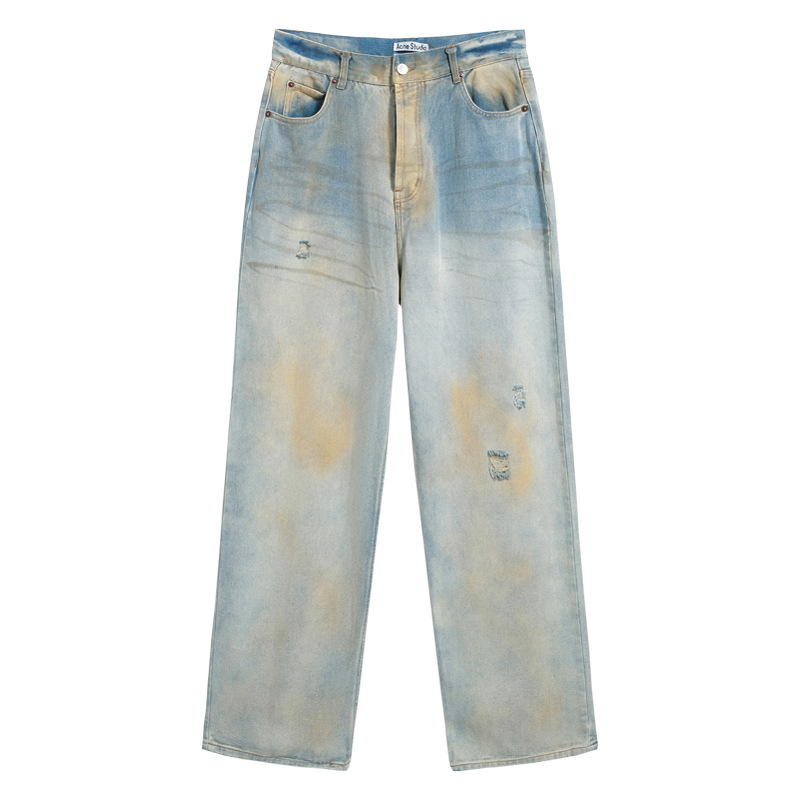 クロスボーダーのトレンディなAC手描きのスプラッシュインクのほつれ加工のウォッシュ加工のダメージ加工のパンツ、男性と女性用、ゆったりと多用途、軽くて豪華なワイドレッグジーンズ