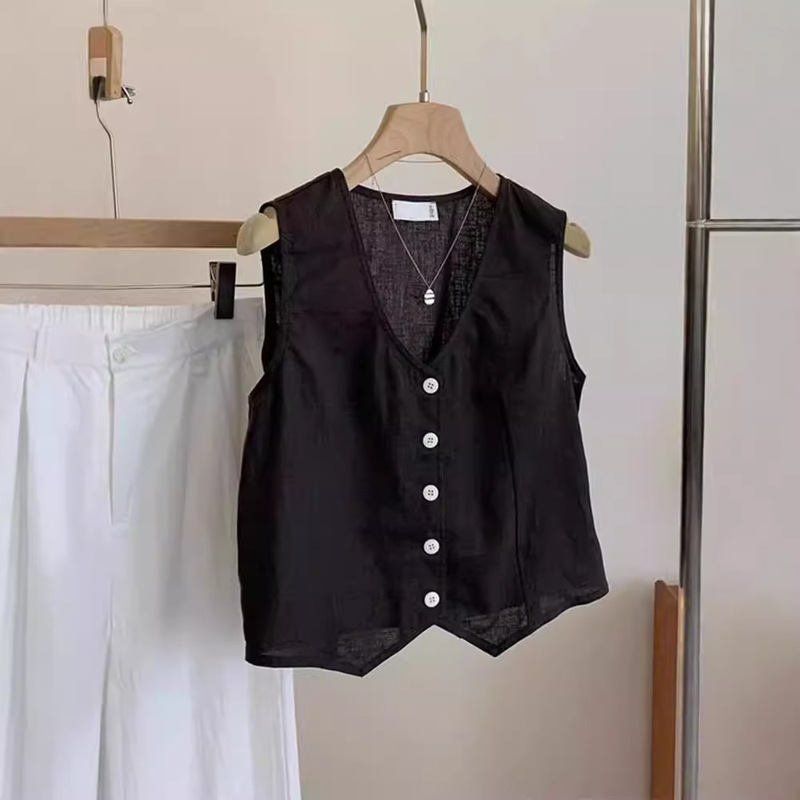 It was amazing! High-end Black Linen Cotton and Linen Vest Top Women's Summer 2024 V-neck Sleeveless Vest