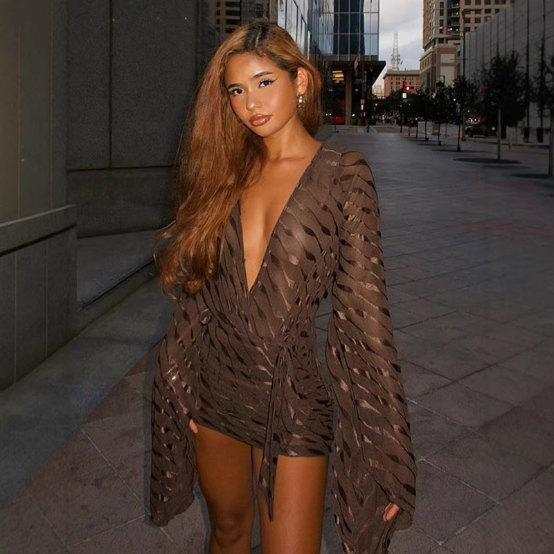 Foreign Trade European and American Style Sexy Deep V-Neck Fashion Wavy Pattern Flared Long Sleeve Backless Bodycon Short Dress