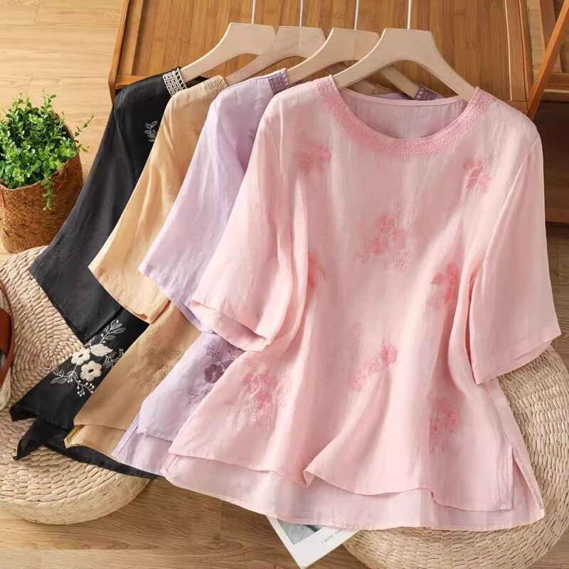Retro Embroidered Floral Cotton and Linen Mid-Sleeve Shirt for Women, Summer Thin Loose Versatile Casual Round Neck Blouse Top for Women