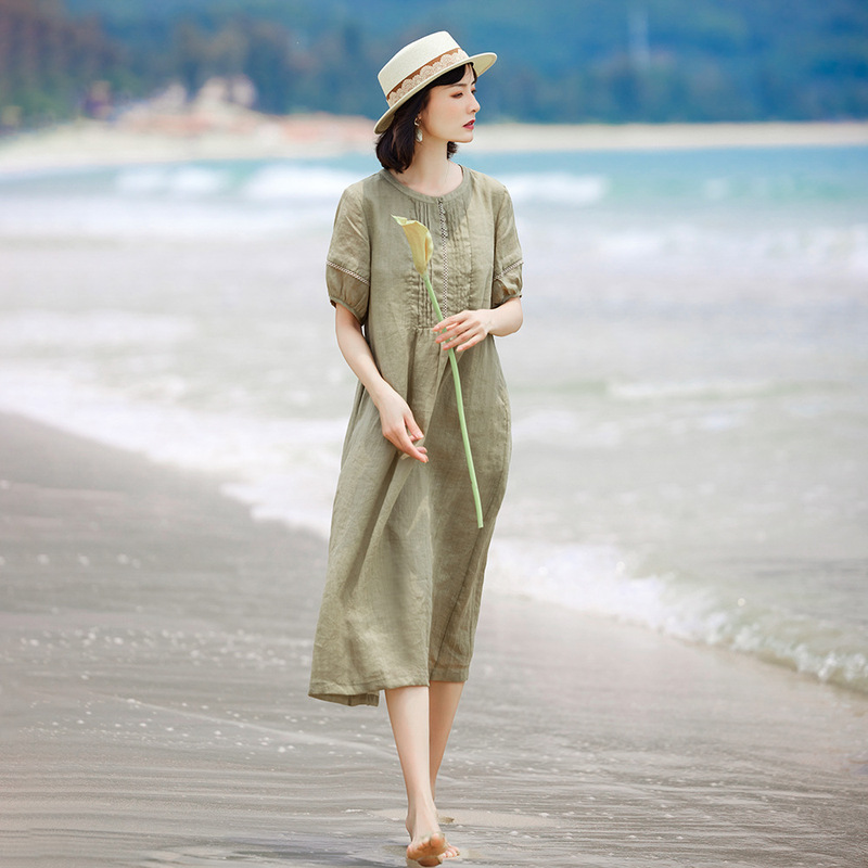 2025 Summer New Pure Ramie Travel Literary Dress Lace Lantern Short-Sleeved Loose Nostalgic Retro Robe