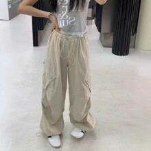 美式酷飒风裤脚抽绳阔腿裤工装女夏季新款多口袋休闲裤百搭直筒裤