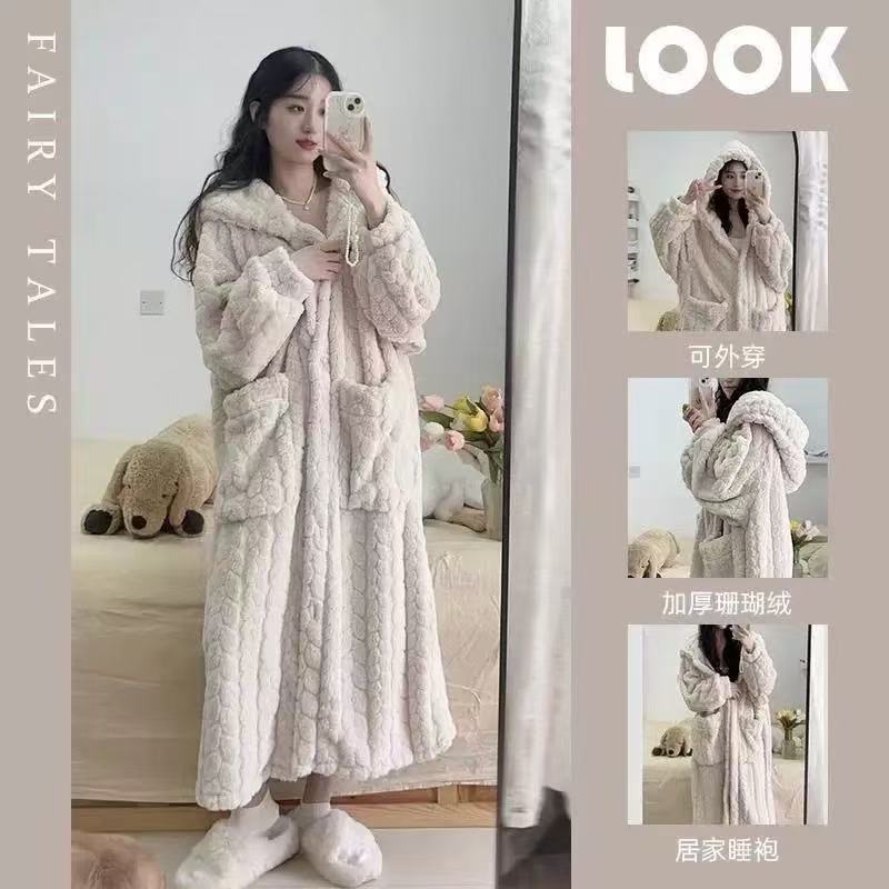Women's Autumn and Winter Coral Fleece Thickened Flannel Bathrobe Hooded Sleepwear Set Warm Loungewear Cross-Border Women's Autumn and Winter Coral Fleece Thickened Flannel Bathrobe Hooded Sleepwear Set Warm Loungewear Cross-Border