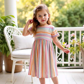 P8500  欧美跨境电商工厂 女童夏季时尚舒适彩色条纹连衣裙
