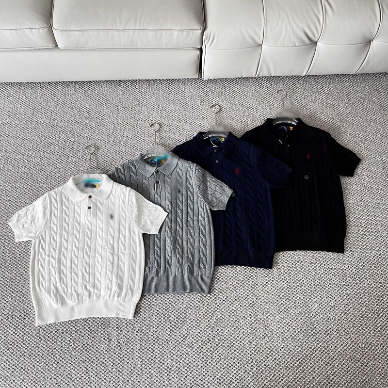 Cross-Border Qr Code Scannable Rl Polo Knit Shirt with Small Horse Logo Embroidery, Cable Knit, Unisex Short-Sleeve T-Shirt with Two Buttons Cross-Border Qr Code Scannable Rl Polo Knit Shirt with Small Horse Logo Embroidery, Cable Knit, Unisex Short-Sleeve T-Shirt with Two Buttons