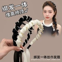 仙气珍珠齿梳发箍飘带绑发一体丝巾发带编发头箍女蓬松高颅顶发