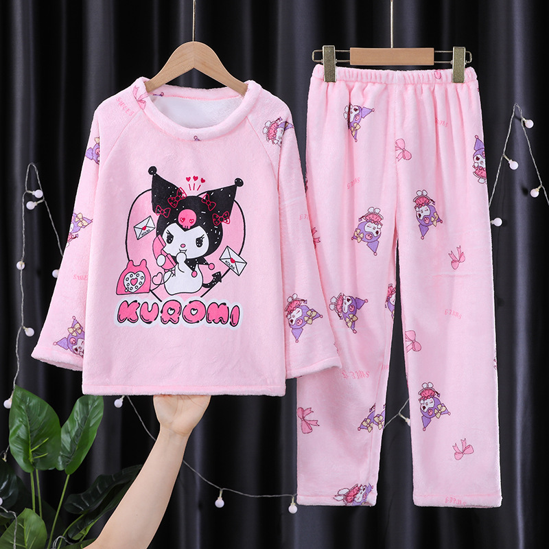 플란넬 세트 어린이 두 조각 세트 새로운 두꺼운 따뜻한 귀여운 중대형 어린이 느슨한 둥근 목 홈 옷