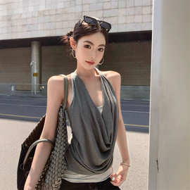 【源头厂家现货直发】 拼接假两件荡领吊带小背心女夏季无袖上衣