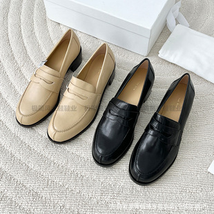 Retro The*Row Thick-Heeled Loafers Genuine Leather Slip-On Work Clothing Mid-Heeled Round-Toe Small Leather Shoes High-Heeled Flats for Women