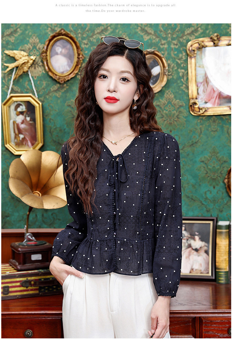 Áo sơ mi nữ tay dài cổ nơ bướm họa tiết chấm bi phong cách vintage — Xanh lông mòng đen chi tiết 17