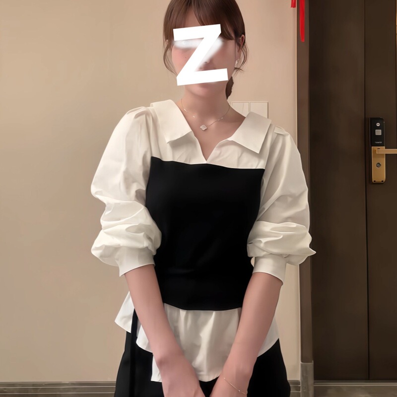 2025法式感裹胸绑带长袖衬衫女秋装Polo领假两件撞色拼接显瘦上衣|undefined