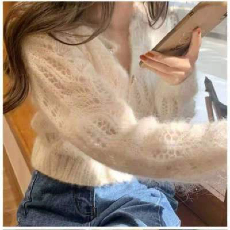 Тонкий полый мохеровый трикотаж Кардиган 2023 Новый весенний свободный короткий свитер в стиле Chanel Пальто