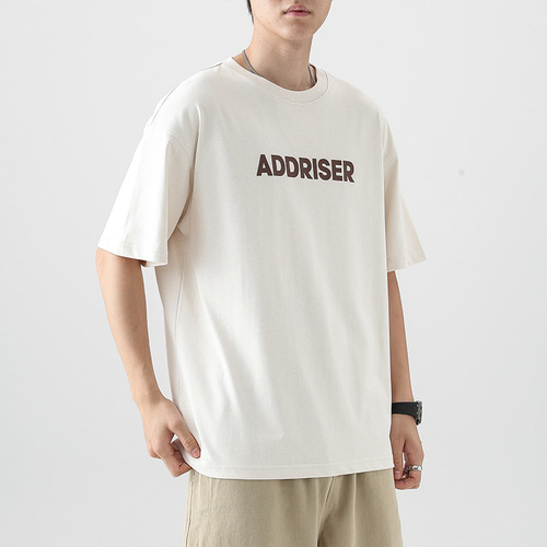 Summer 230g Heavyweight Pure Cotton Short Sleeve T-Shirt for Men, American Letter Print Loose Half-Sleeve Base Shirt Trendy