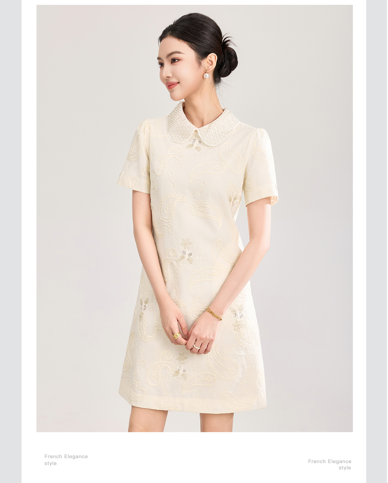 Đầm suông nữ midi cổ búp bê tay ngắn thêu ren đính cườm phong cách tiểu thư — màu sắc chi tiết 8