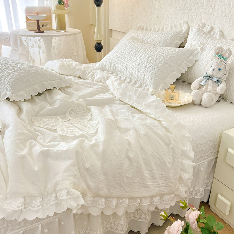 Lace Bedding Set With Bowknot Detail Soft Washed Cotton Bed Linen_voghion.com