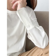 2025秋季新款叠穿T恤女中长款拼接衬衫袖螺纹棉宽松长袖体恤上衣