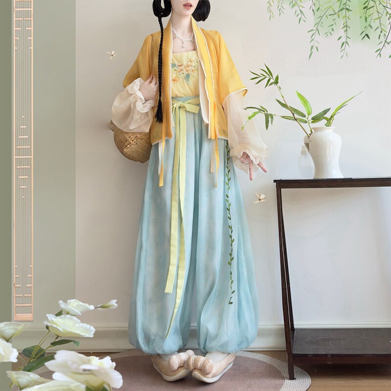 Mengtingxuan [Osmanthus] Hanfu for Women, Song Dynasty Style Replica Short Shirt with Suspenders and Floral Bud Skirt Pants, Daily Spring and Summer Outfit