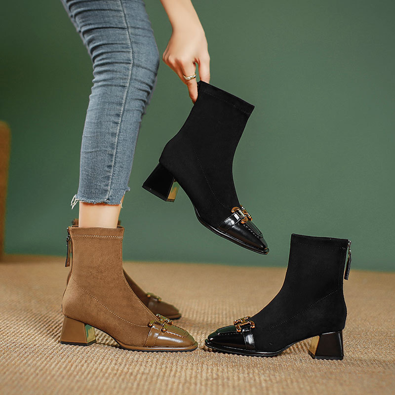 High-Heeled Short Boots for Women 2025 New Boots Spliced Square Toe Spring & Fall Single Boots Thick Heel Retro Horsebit Mid-Calf Boots