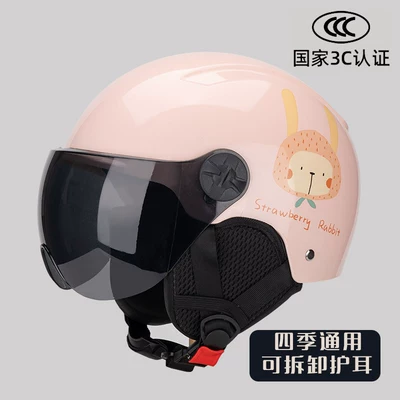 Helmet, Universal Motorcycle Half Helmet for | Motosiklet kaskı (dəbilqə) - 802-pink-strawberry-rabbit-black-short-mirror-ear-protection-3c-certification-one-size