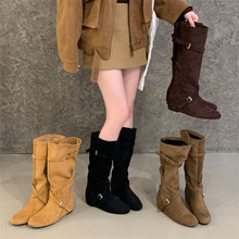 米庭堆堆靴复古磨砂绒面内增高交叉皮带扣长靴西部牛仔高筒靴