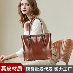 Leather women's bag new oil wax cowhide fashionable versatile tote bag with a sense of elegance large capacity crossbody and shoulder bag trendy