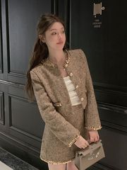高级感小香风秋冬新款金色编织亮片毛呢短外套女圆领洋气短裙套装
