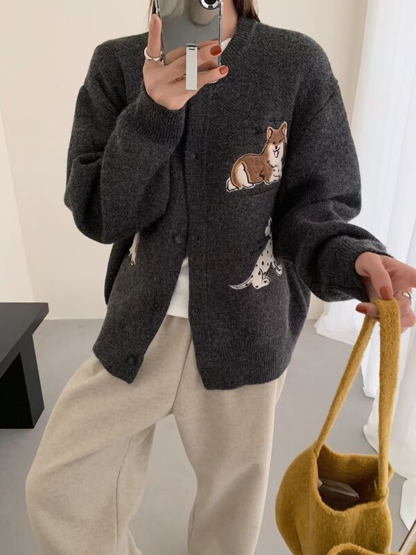 重工卡通小狗贴布刺绣针织毛衣女2025秋冬新款韩系休闲针织开衫厚|undefined