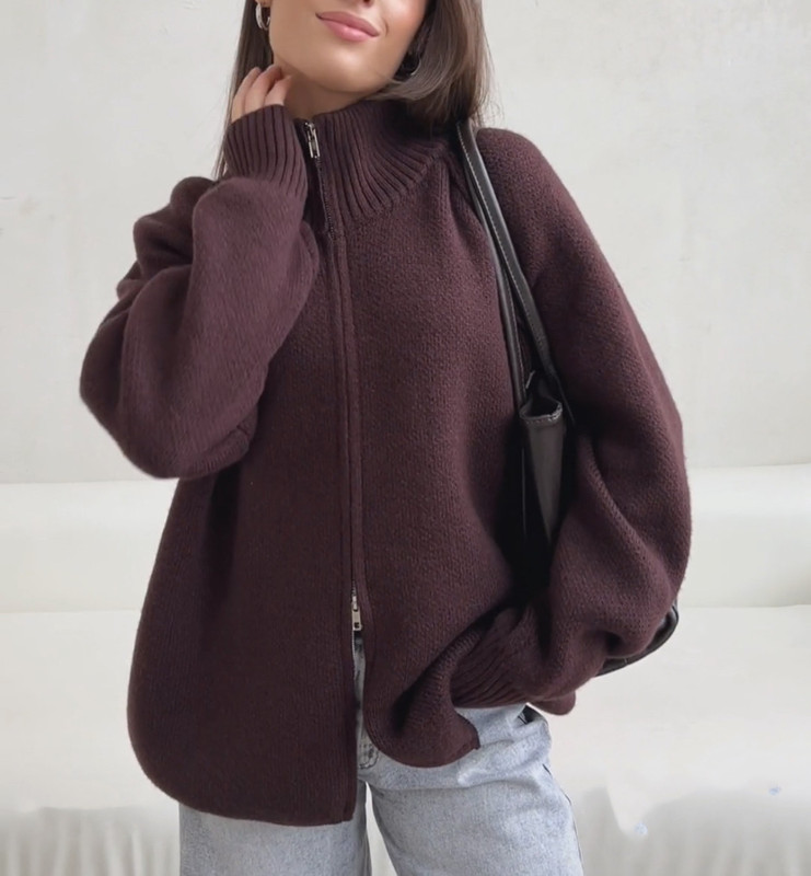 外贸跨境毛衣外套女2025秋冬新款欧美纯色立领拉链针织开衫上衣潮|undefined