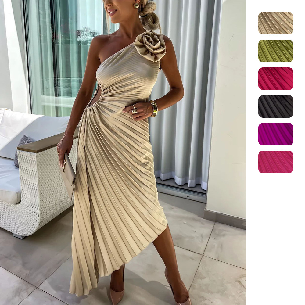 Independent website export European and American women's clothing new solid color dress, fashionable and sexy off-shoulder pleated hollow dress 8043