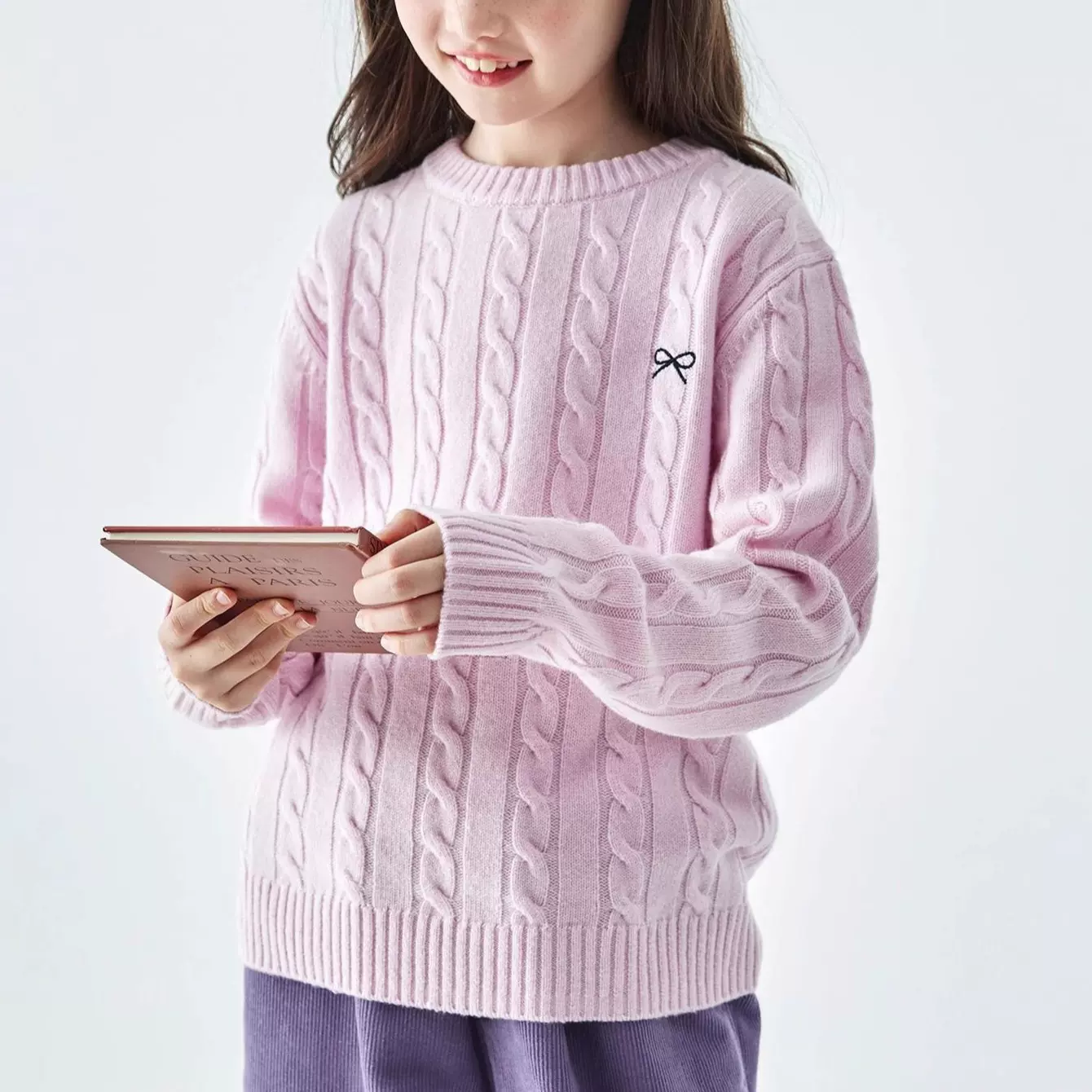 秋冬女童100%纯羊毛绞花套头针织衫简约清新纯色圆领套头童装毛衣