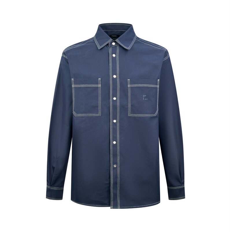 High-quality in-stock original Fendi double F embroidered contrast-stitch pocket long-sleeve shirt for men and women, premium minimalist shirt
