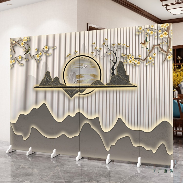 Chinese-Style Screen Partition for Living Room, Landscape Solid Wood Folding Office Entrance, Movable Partition Screen for Small Spaces
