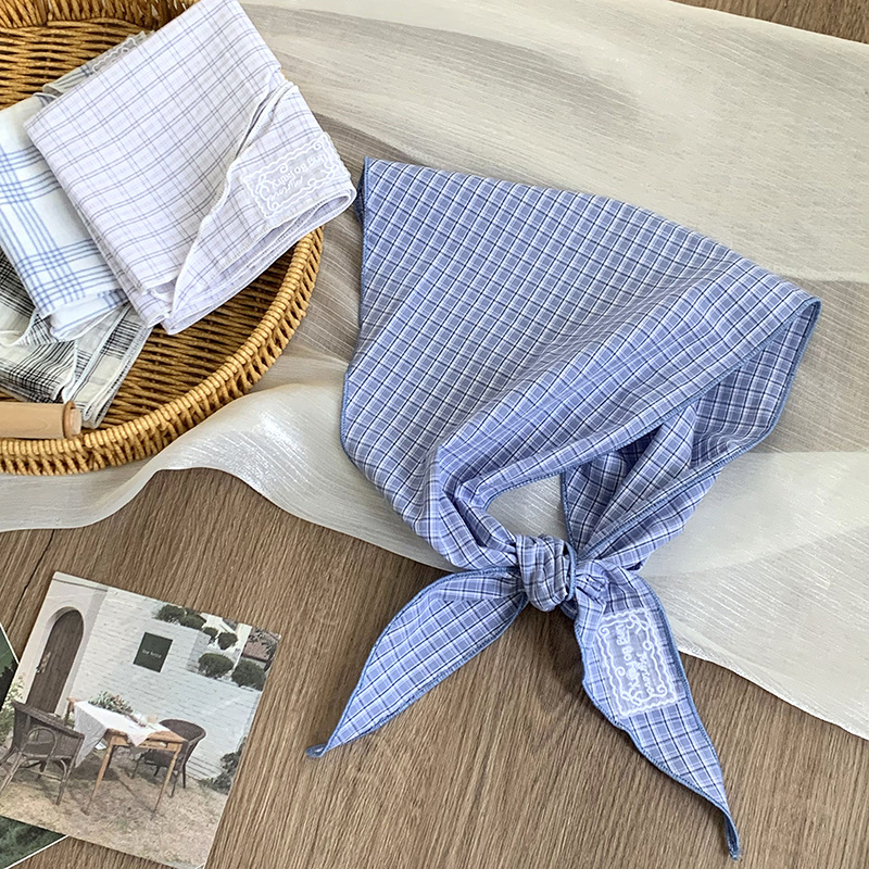 Toalla triangular para mujer japonesa retro Baotou turbante banda para el cabello Corea salvaje ins algodón lino plaid bufanda de seda con cintura cortina de pedos