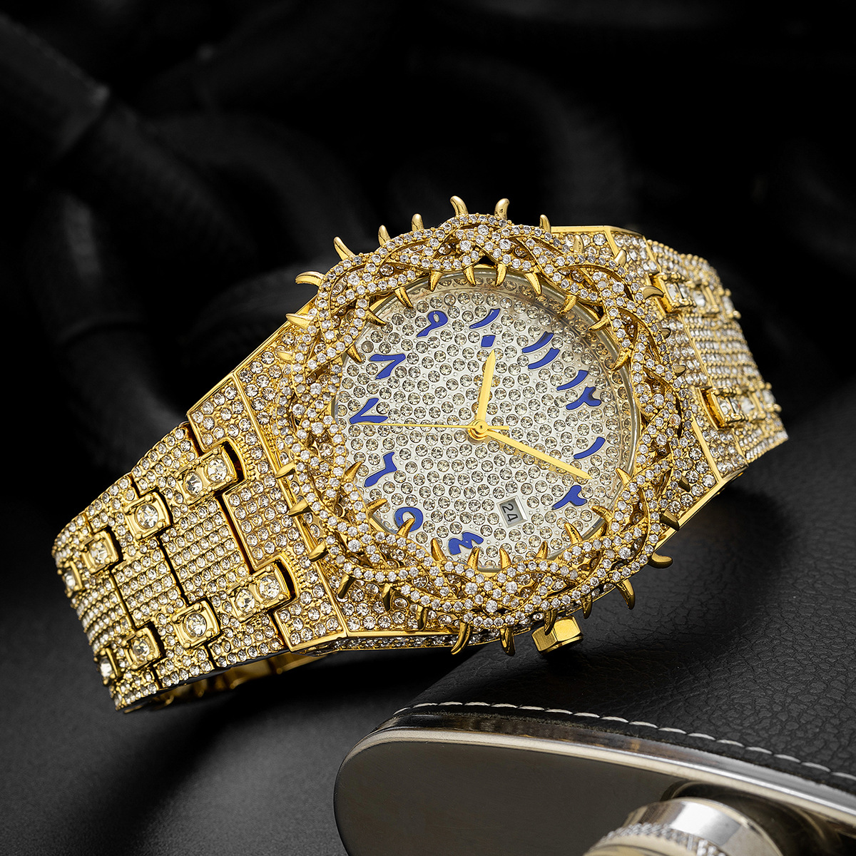 Quartz klocka solros diamant blå arabiska siffror stålband_voghion.com