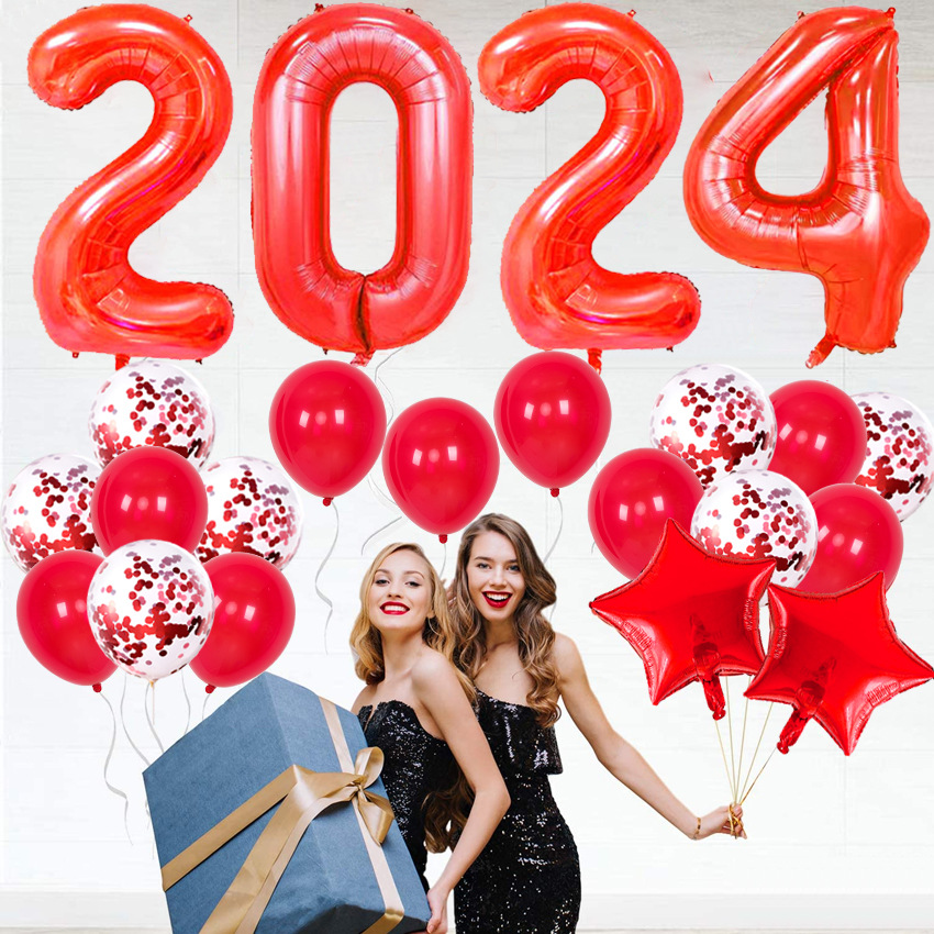 跨境新品新年氣球32寸紅色2024數字鋁膜氣球新年年會場景派對氣球