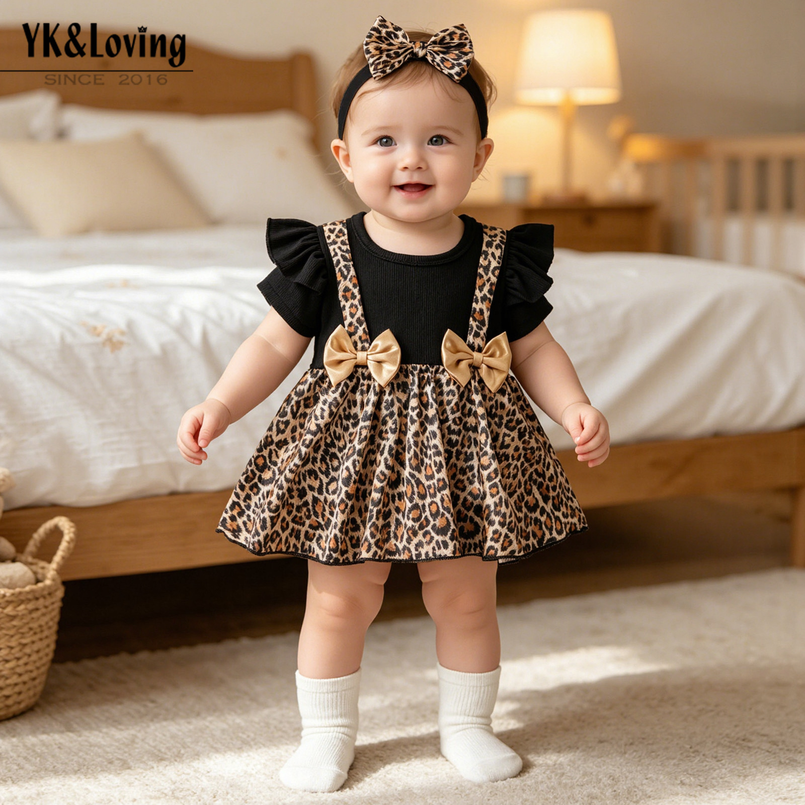 Baby Girl Summer Outfit Leopard Print Patchwork Romper Dress with Bow Headband Two-Piece Set for Baby's First Birthday Photo Shoot Princess Outfit