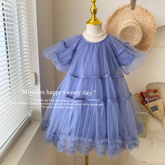 兒童公主裙2022夏裝新款女童簡約風泡泡袖網紗連衣裙寶寶蛋糕裙潮