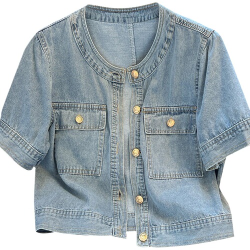 Women's Summer New Thin Round Neck Cowboy Style Denim Short Sleeve Jacket, Retro Overshirt, Short-Sleeve Top, Korean Style