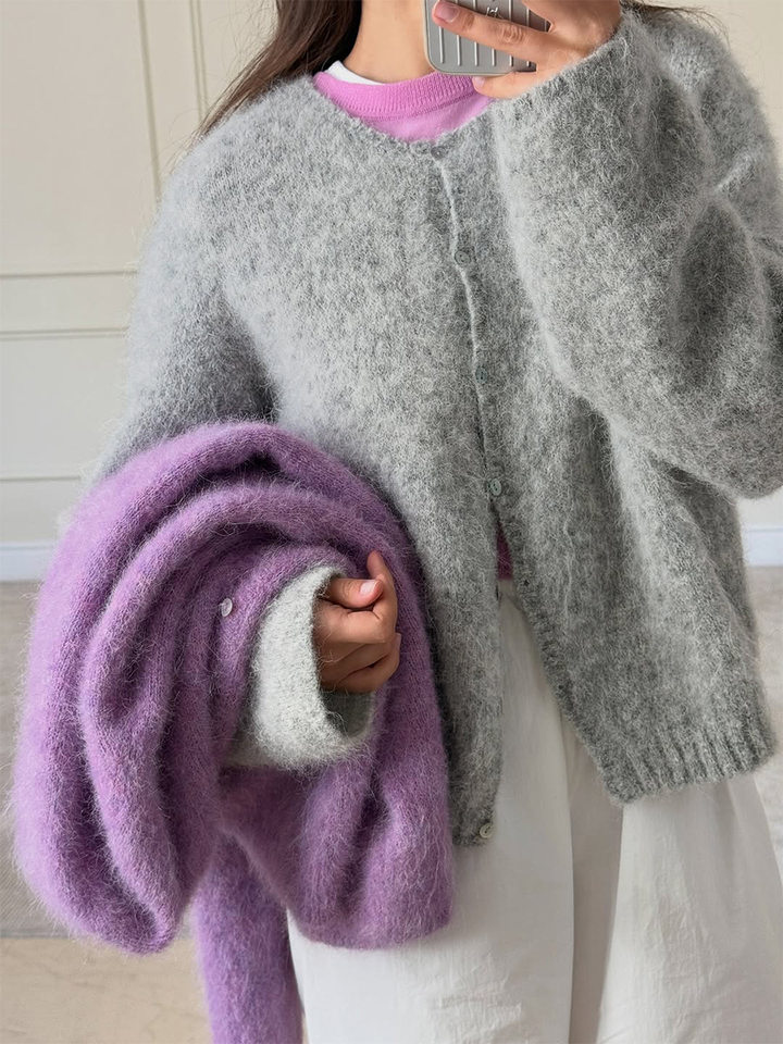 Áo khoác cardigan len nữ dáng rộng một hàng cúc, chất liệu dệt kim mềm mại, phong cách thanh lịch — Màu hồng nhạt (hàng có sẵn), Màu xanh lá cây (có hàng), Màu xanh ô liu (đốm), Màu xanh đậm (Còn hàng) chi tiết 48