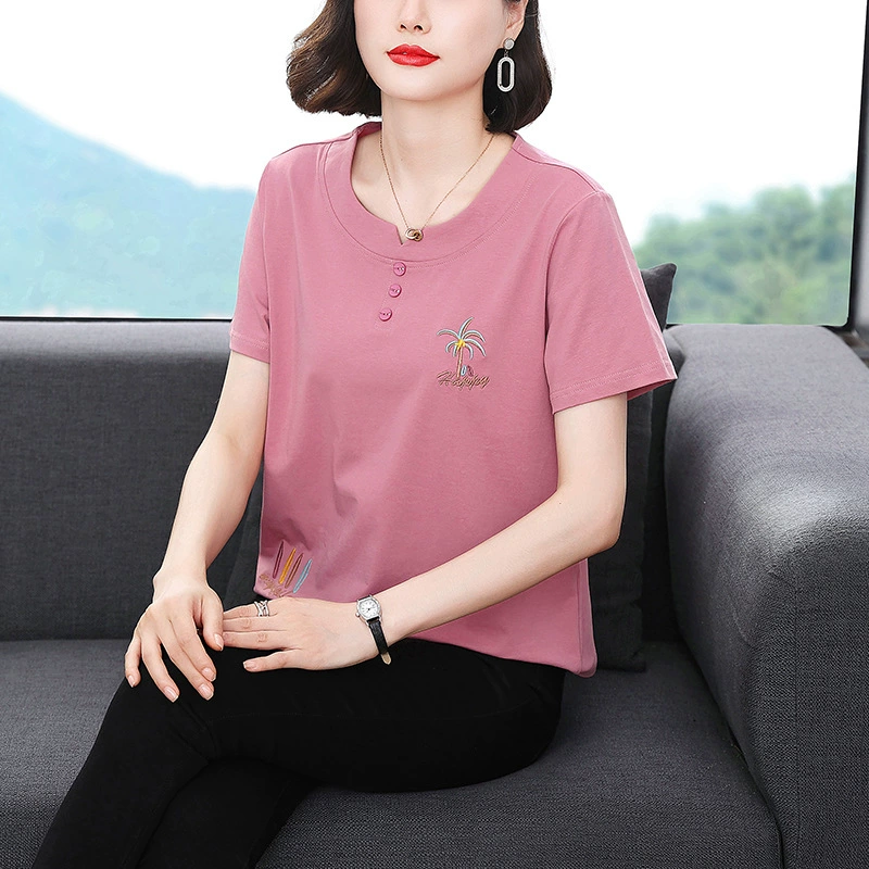 Однотонная футболка с круглым вырезом и короткими рукавами, женская летняя 2023, новый пуловер больших размеров, простая женская элегантная рубашка с вышивкой