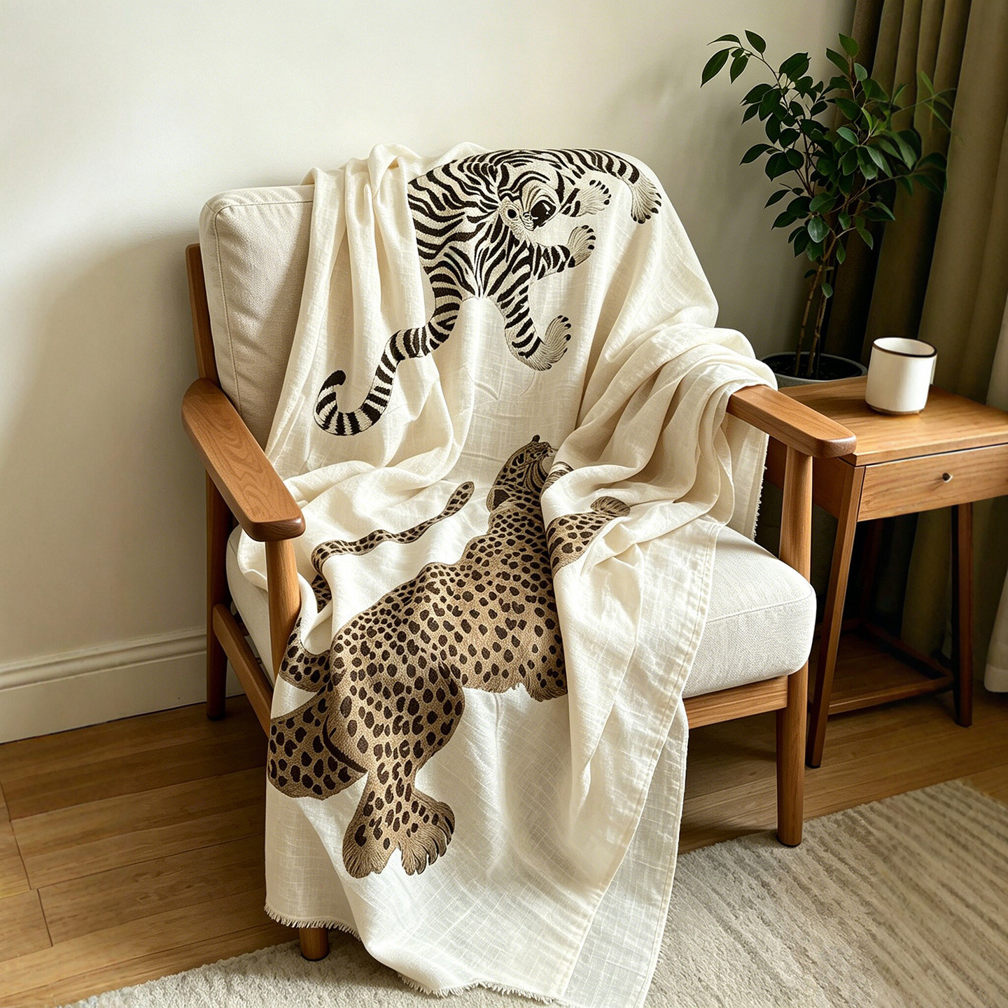 Tiger Leopard Print Old Money Style Retro Artistic Shawl Cotton Linen Scarf for Women Sun Protection Linen Crinkled Thin Breathable Silk Scarf