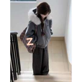 【纯棉复合银狐绒】复古连帽毛领灰色毛呢外套女秋冬季韩系兔毛