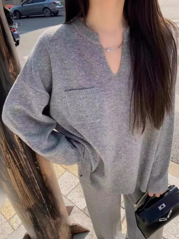 跨境半开V领毛衣套装女秋冬新款高级感宽松阔腿裤+针织衫两件套|undefined