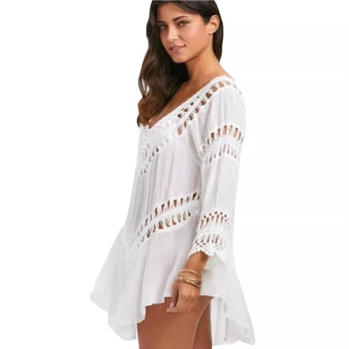 European and American-style loose-fitting, flared, hollowed-out hand-hooked knit top—beach bikini swimsuit, beach cover-up, and women's UV-protective wear