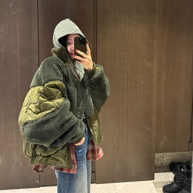 东大门ins冬装新款韩版慵懒风重工羊羔毛拼接棉服保暖棉衣厚外套